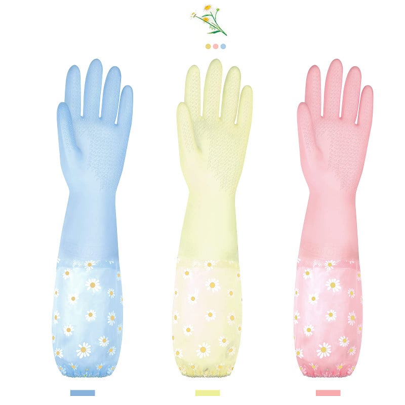 Kaq Dishwashing Cleaning Gloves 3 Pairs-Reusable Rubber Gloves Non-Slip Laundry Kitchen Gardening Household Gloves(Long Cuff) - Image 1