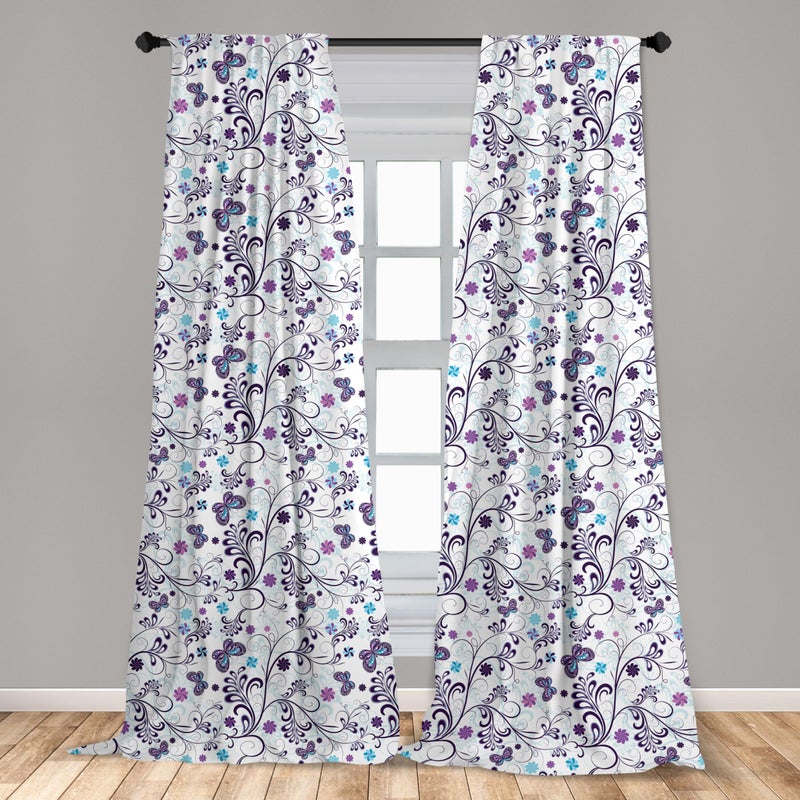 Ambesonne Floral 2 Panel Curtain Set  Spring with Flying Inspirational Butterflies and Swirls Branches Design  Lightweight Window Treatment Living Room Bedroom Decor  Pair of - 28"" x 95""  Purple Blue - Image 3