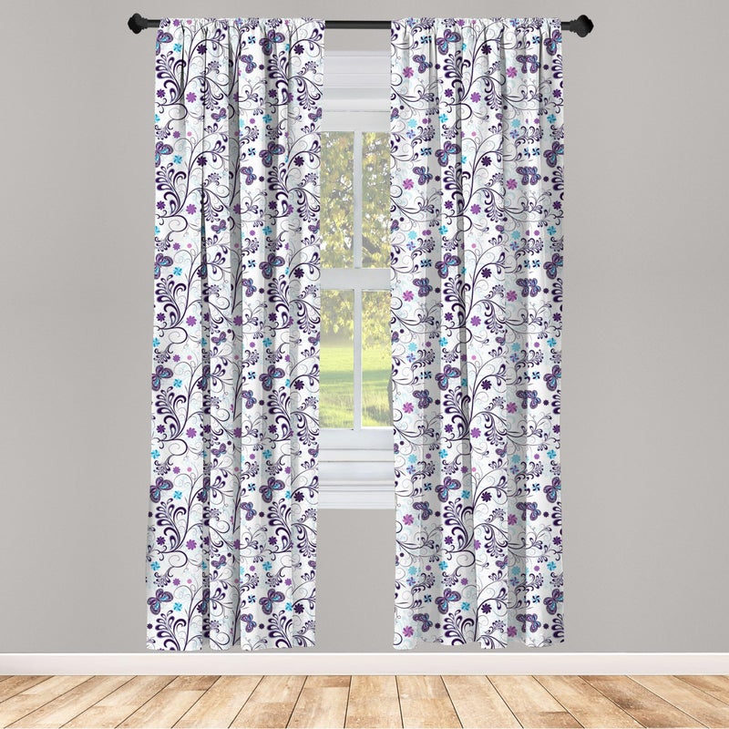 Ambesonne Floral 2 Panel Curtain Set  Spring with Flying Inspirational Butterflies and Swirls Branches Design  Lightweight Window Treatment Living Room Bedroom Decor  Pair of - 28"" x 95""  Purple Blue - Image 2