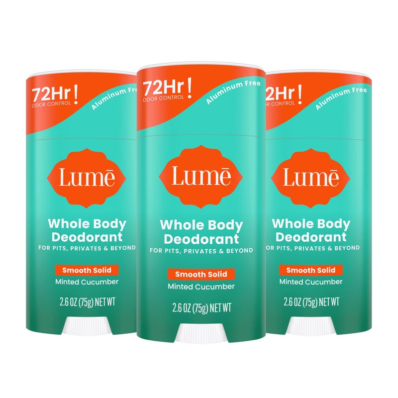 Lume Whole Body Deodorant  Smooth Solid Stick  72 Hour Odor Control  Aluminum Free Baking Soda Free and Skin Loving  26 Ounce Pack of 3 Minted Cucumber
