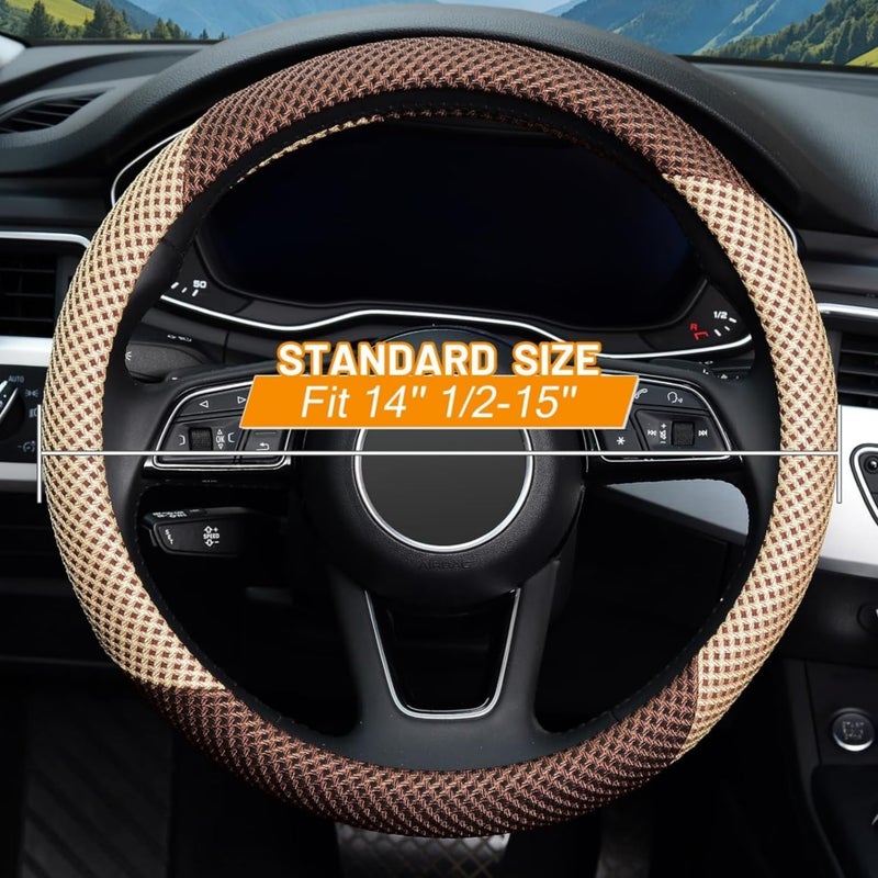 ZHOL Steering Wheel Cover Universal 15 inch Microfiber Breathable Ice Silk Steering Wheel Cover for Women Men, Warm in Winter and Cool in Summer, Anti-Slip, Beige&Brown - Image 4
