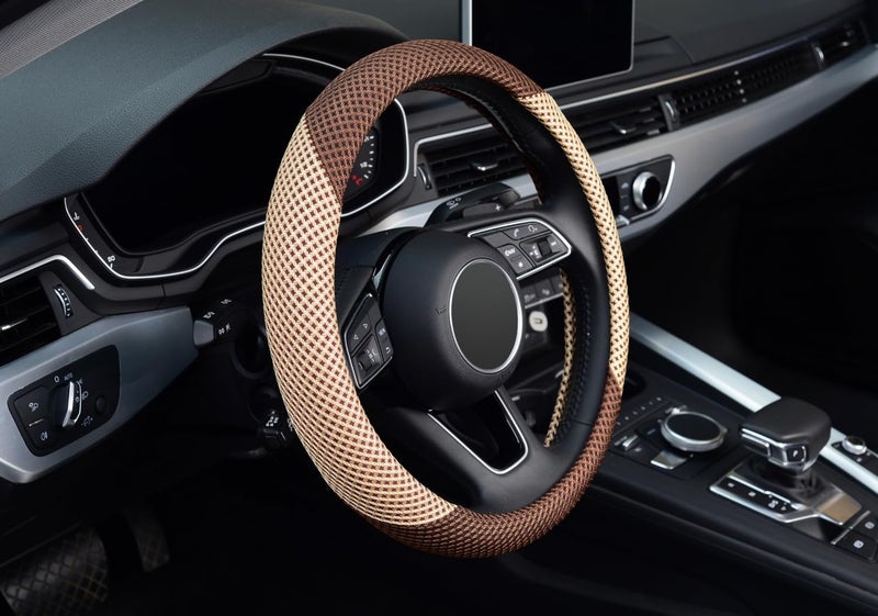 ZHOL Steering Wheel Cover Universal 15 inch Microfiber Breathable Ice Silk Steering Wheel Cover for Women Men, Warm in Winter and Cool in Summer, Anti-Slip, Beige&Brown - Image 5