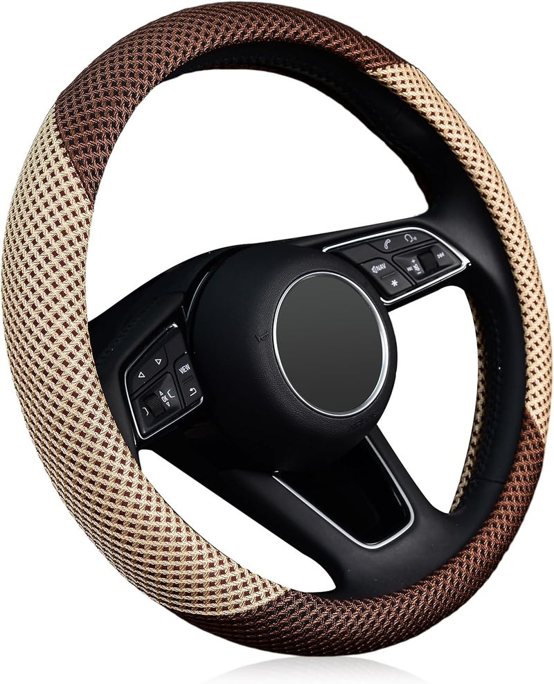 ZHOL Steering Wheel Cover Universal 15 inch Microfiber Breathable Ice Silk Steering Wheel Cover for Women Men, Warm in Winter and Cool in Summer, Anti-Slip, Beige&Brown - Image 1