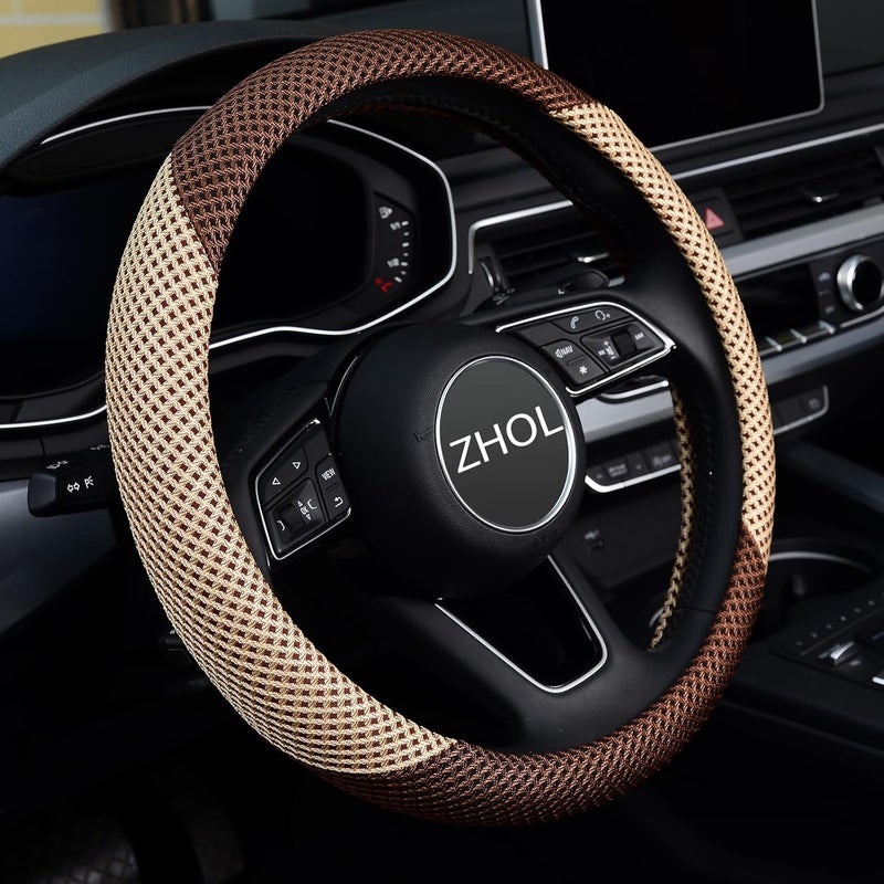 ZHOL Steering Wheel Cover Universal 15 inch Microfiber Breathable Ice Silk Steering Wheel Cover for Women Men, Warm in Winter and Cool in Summer, Anti-Slip, Beige&Brown - Image 2