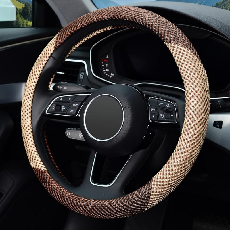 ZHOL Steering Wheel Cover Universal 15 inch Microfiber Breathable Ice Silk Steering Wheel Cover for Women Men, Warm in Winter and Cool in Summer, Anti-Slip, Beige&Brown - Image 3