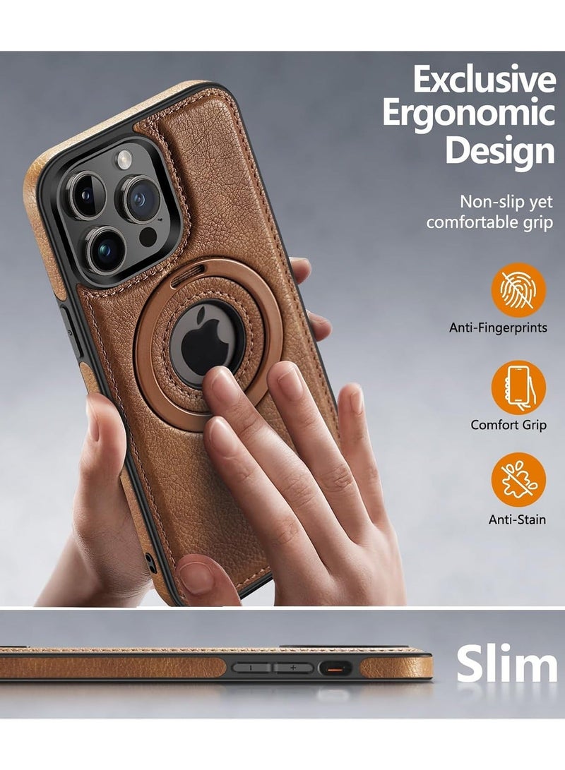 CoomBe iPhone 15 Pro Max Magnetic PU Leather Phone Case with Invisible Ring Holder, Compatible with Magsafe Phone Cover, Brown - Image 4