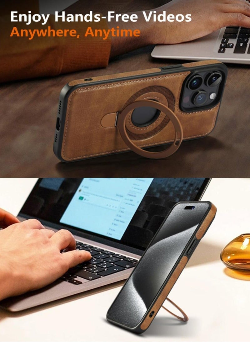 CoomBe iPhone 15 Pro Max Magnetic PU Leather Phone Case with Invisible Ring Holder, Compatible with Magsafe Phone Cover, Brown - Image 2