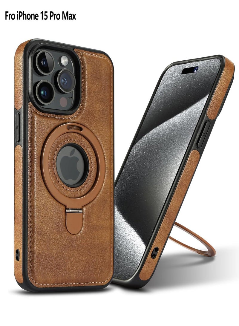 CoomBe iPhone 15 Pro Max Magnetic PU Leather Phone Case with Invisible Ring Holder, Compatible with Magsafe Phone Cover, Brown - Image 1