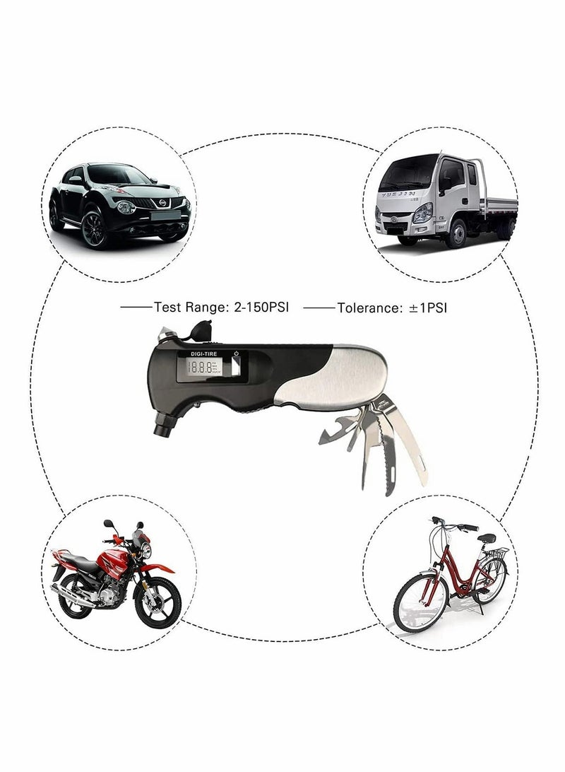Loquat Car Tire Pressure Gauge Tyre Pressure Gauge Stainless Steel Car Tire Pressure Gauge LED Outdoor Flashlight Digital Tire Pressure Gauge Use for All Vehicles Emergency Tools Black - Image 2