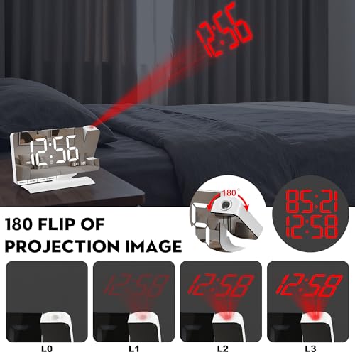 SZELAM Digital Clock,Alarm Clock Bedside with Projection,7.3" Mirror Clock with 180°Rotating Projector,Dual Alarm with 3 Mode,Brightnee Adjust,DST,Snooze,Charging Port,5 Levels Volume for Desk Teens - Image 2