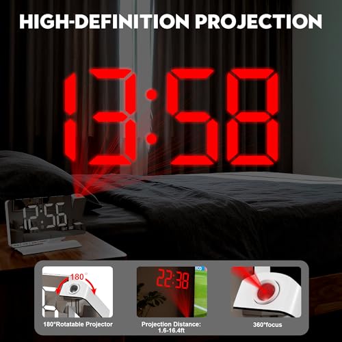 SZELAM Digital Clock,Alarm Clock Bedside with Projection,7.3" Mirror Clock with 180°Rotating Projector,Dual Alarm with 3 Mode,Brightnee Adjust,DST,Snooze,Charging Port,5 Levels Volume for Desk Teens - Image 5