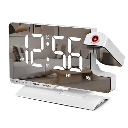 SZELAM Digital Clock,Alarm Clock Bedside with Projection,7.3" Mirror Clock with 180°Rotating Projector,Dual Alarm with 3 Mode,Brightnee Adjust,DST,Snooze,Charging Port,5 Levels Volume for Desk Teens - Image 1