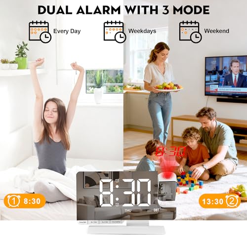 SZELAM Digital Clock,Alarm Clock Bedside with Projection,7.3" Mirror Clock with 180°Rotating Projector,Dual Alarm with 3 Mode,Brightnee Adjust,DST,Snooze,Charging Port,5 Levels Volume for Desk Teens - Image 4