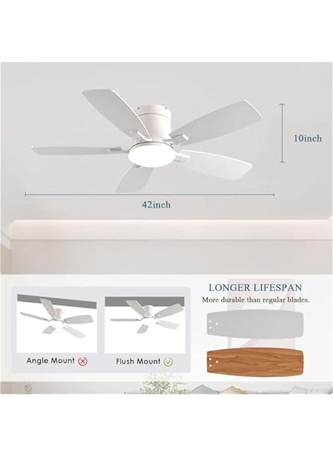 Arabest Low Profile 42 Ceiling Fan with Light & Remote Control - White, Reversible Motor, Dimmable - Indoor/Outdoor Bedroom Fan  - Image 2