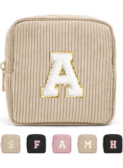 MAGEFY MAGEFY Makeup Bag Initial Bags with Zipper Small Makeup Bag for Purse Mini Cosmetics Bag Corduroy Cute Cosmetic Pouch for Women with Slip-in Pockets (Beige-A) 