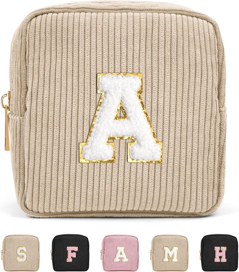 MAGEFY Makeup Bag Initial Bags with Zipper Small Makeup Bag for Purse Mini Cosmetics Bag Corduroy Cute Cosmetic Pouch for Women with Slip-in Pockets (Beige-A)