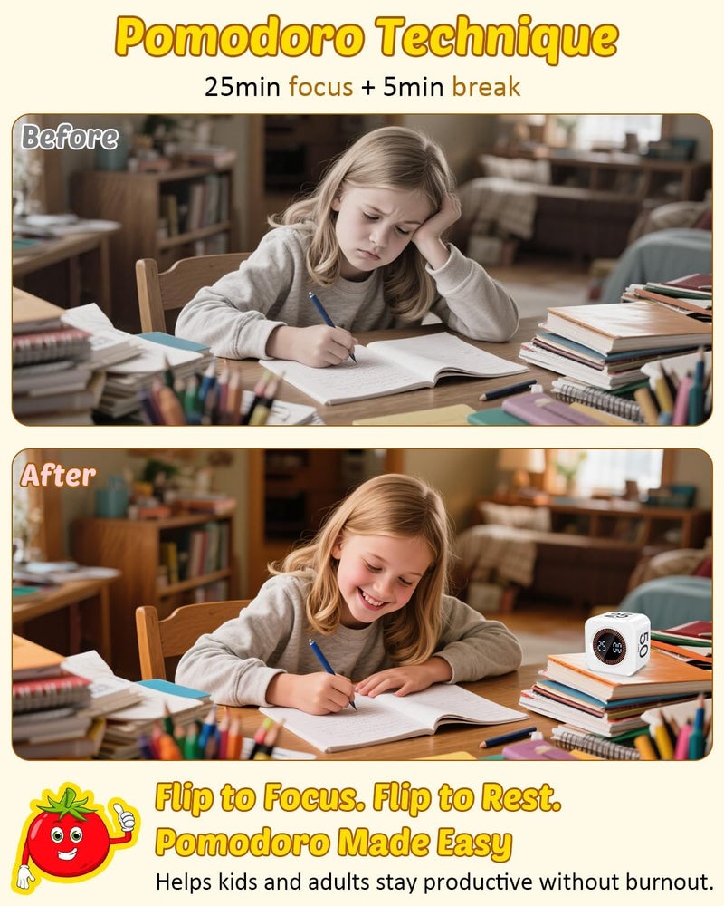 COWVTUJ Pomodoro Timer Cube Visual Productivity Flip Timer for Kids Classroom Desk, 5/10/25/50min&Custom Countdown, Silent&Sound Mode Digital Cube for ADHD Study Work School Game Kitchen (White) - Image 3