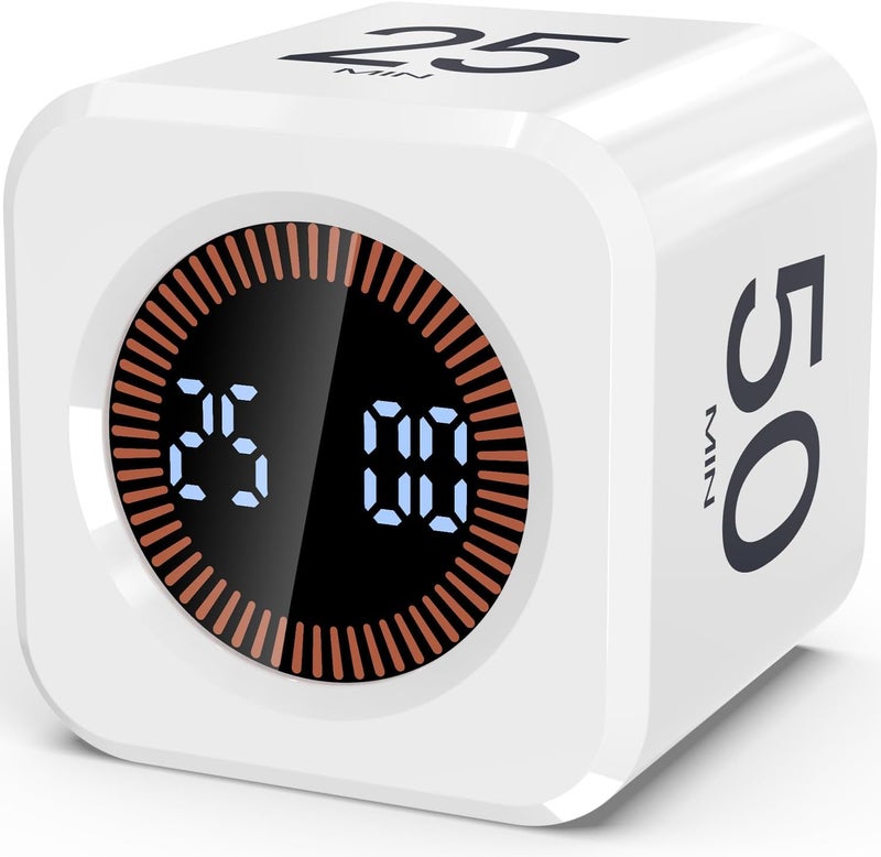 COWVTUJ Pomodoro Timer Cube Visual Productivity Flip Timer for Kids Classroom Desk, 5/10/25/50min&Custom Countdown, Silent&Sound Mode Digital Cube for ADHD Study Work School Game Kitchen (White) - Image 1