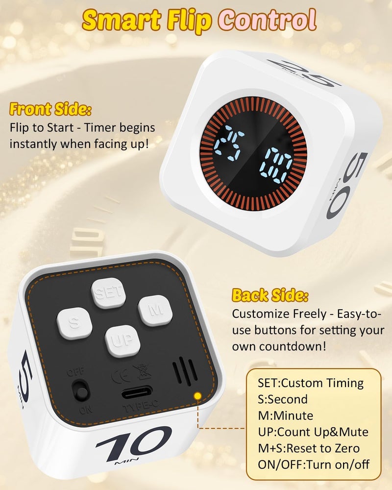 COWVTUJ Pomodoro Timer Cube Visual Productivity Flip Timer for Kids Classroom Desk, 5/10/25/50min&Custom Countdown, Silent&Sound Mode Digital Cube for ADHD Study Work School Game Kitchen (White) - Image 4