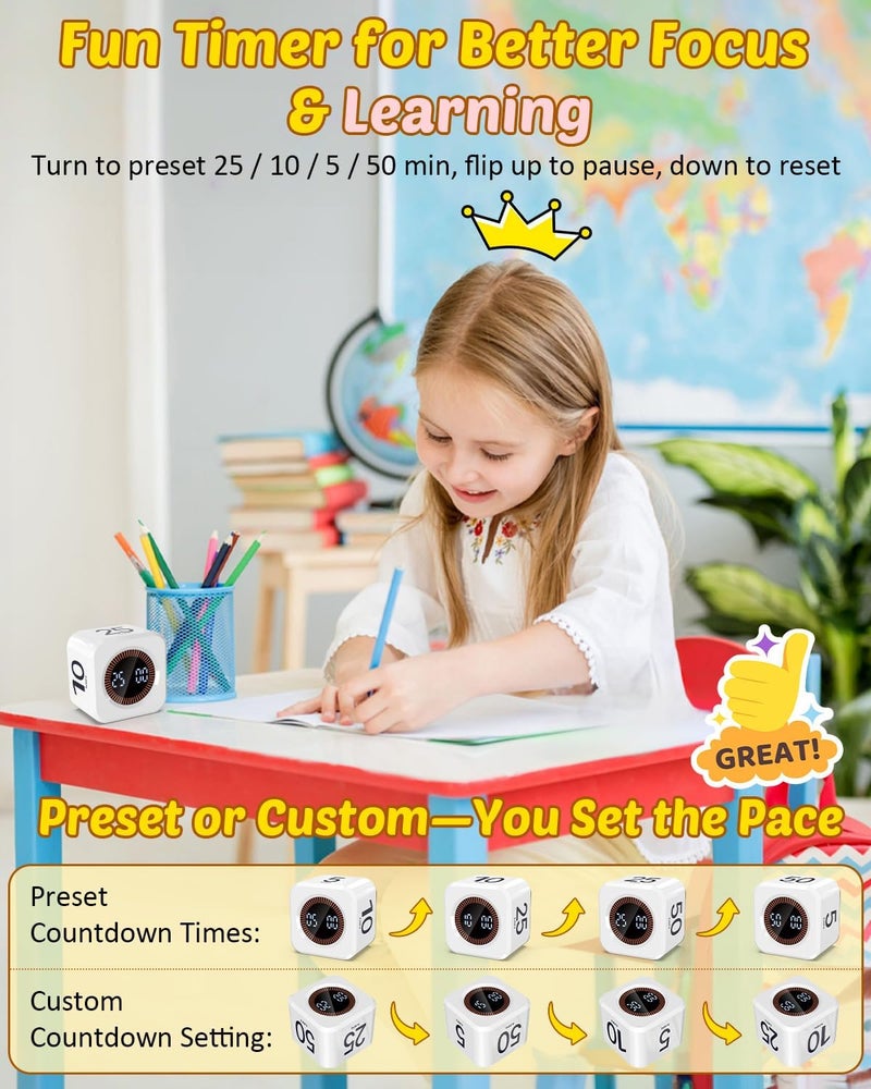 COWVTUJ Pomodoro Timer Cube Visual Productivity Flip Timer for Kids Classroom Desk, 5/10/25/50min&Custom Countdown, Silent&Sound Mode Digital Cube for ADHD Study Work School Game Kitchen (White) - Image 2