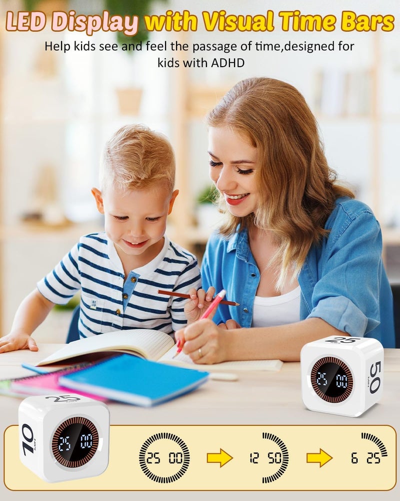 COWVTUJ Pomodoro Timer Cube Visual Productivity Flip Timer for Kids Classroom Desk, 5/10/25/50min&Custom Countdown, Silent&Sound Mode Digital Cube for ADHD Study Work School Game Kitchen (White) - Image 5