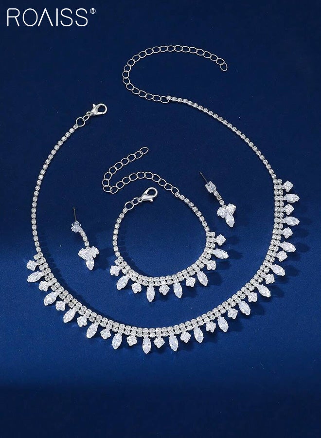 رويس طقم مجوهرات من 4 قطع مرصع بالزركونيا المكعبة للنساء، يتضمن قلادة فضية لامعة، وأقراط، وسوار، إكسسوار مثالي لحفلات الزفاف، والحفلات، وأي مناسبة. - Image 3