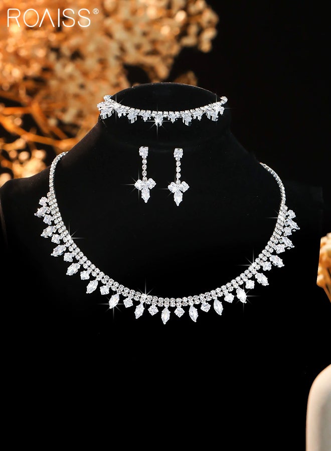 رويس طقم مجوهرات من 4 قطع مرصع بالزركونيا المكعبة للنساء، يتضمن قلادة فضية لامعة، وأقراط، وسوار، إكسسوار مثالي لحفلات الزفاف، والحفلات، وأي مناسبة. - Image 5