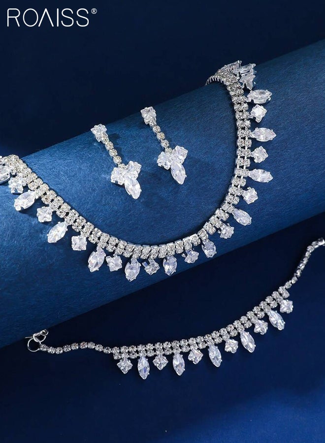 رويس طقم مجوهرات من 4 قطع مرصع بالزركونيا المكعبة للنساء، يتضمن قلادة فضية لامعة، وأقراط، وسوار، إكسسوار مثالي لحفلات الزفاف، والحفلات، وأي مناسبة. - Image 4
