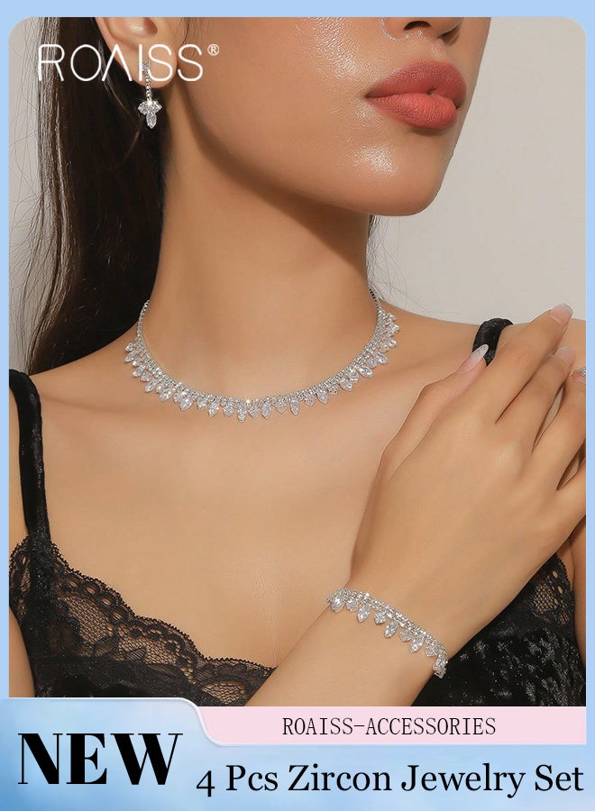 رويس طقم مجوهرات من 4 قطع مرصع بالزركونيا المكعبة للنساء، يتضمن قلادة فضية لامعة، وأقراط، وسوار، إكسسوار مثالي لحفلات الزفاف، والحفلات، وأي مناسبة. - Image 1