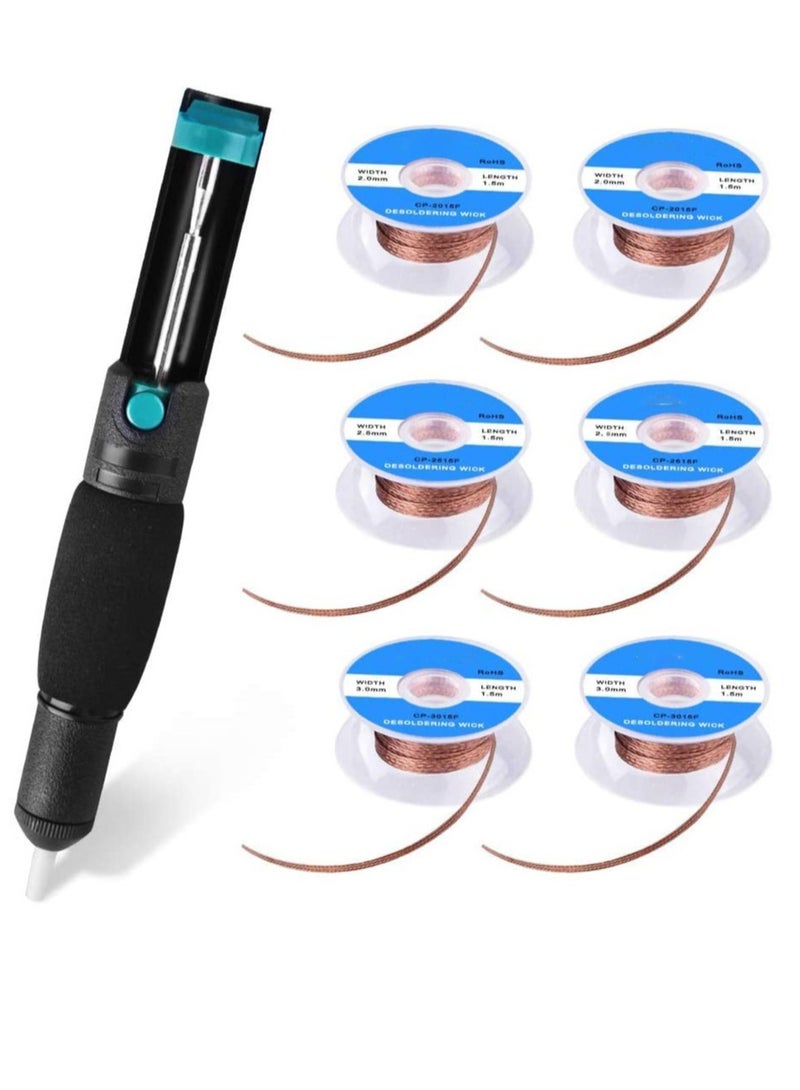 Excefore 7 Pieces Solder Sucker Desoldering Wick Kit, Including 1 PcDesoldering Sucker and 6 Pcs Solder Braid Wick 2.0mm 2.5mm 3.0mm Width, 1.5m Length with Flux, Desoldering Vacuum Pump Solder Removal Tool - Image 1