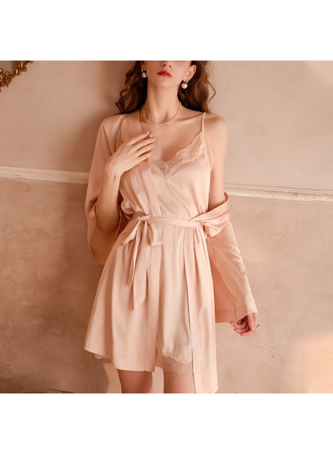 Kj Padded Style Ice Silk Summer Women's Satin Sleepwear Robe Camisole Nightdress Birthday Gift - Image 2