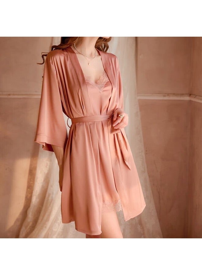 Kj Padded Style Ice Silk Summer Women's Satin Sleepwear Robe Camisole Nightdress Birthday Gift - Image 3