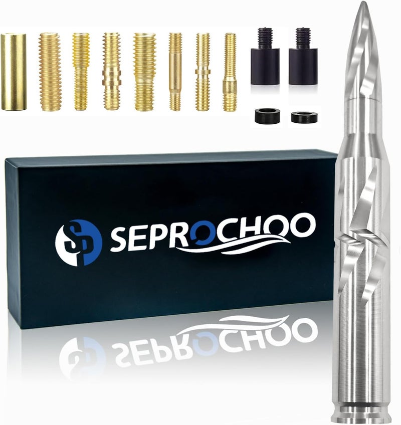 Seprochoo Car Truck Bullet Antenna 50 Cal Bullet Antenna Universal Replacement for GMC Sierra 1500 Chevy Dodge Ram Silverado 1500 2500 3500 Ford F150 F250 F350 Accessories Spiral Pattern (Chrome, 5.5inch) Gulf approved global quality - Image 1