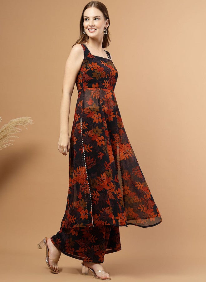 RAASSIO كُرتا A-Line مزخرفة بالأزهار مع بنطلونات بالازو للنساء - Image 3