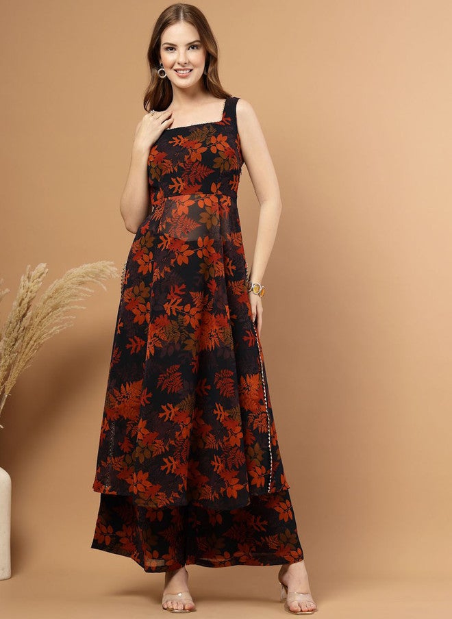 RAASSIO كُرتا A-Line مزخرفة بالأزهار مع بنطلونات بالازو للنساء - Image 1