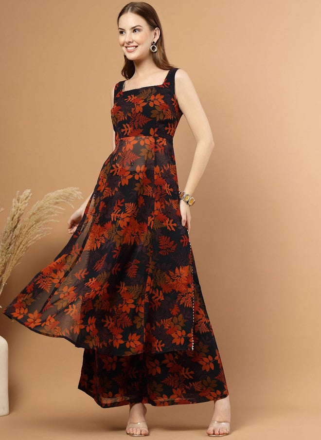 RAASSIO كُرتا A-Line مزخرفة بالأزهار مع بنطلونات بالازو للنساء - Image 4