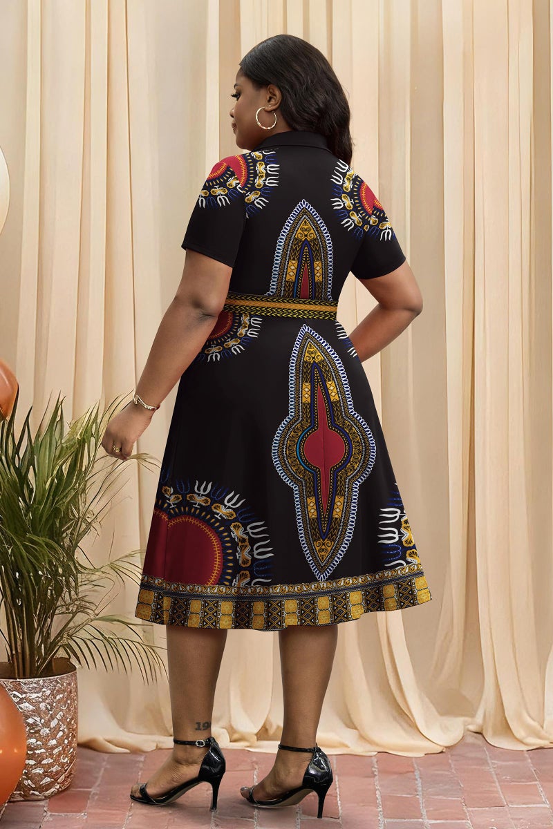 FANDEE Plus Size Casual Dresses - V Neck Summer Ankara African Print Pattern A-Line Midi Dress for Curvy Women, Black 3XL - Image 5