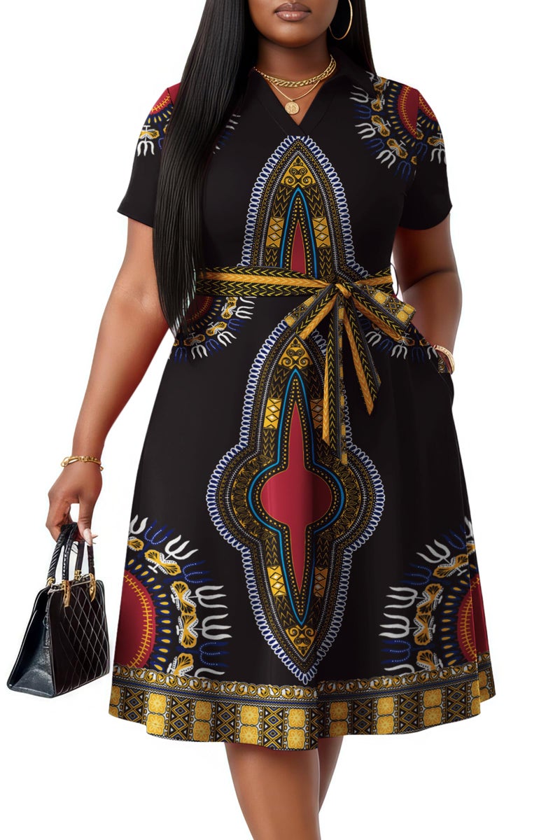 FANDEE Plus Size Casual Dresses - V Neck Summer Ankara African Print Pattern A-Line Midi Dress for Curvy Women, Black 3XL - Image 1