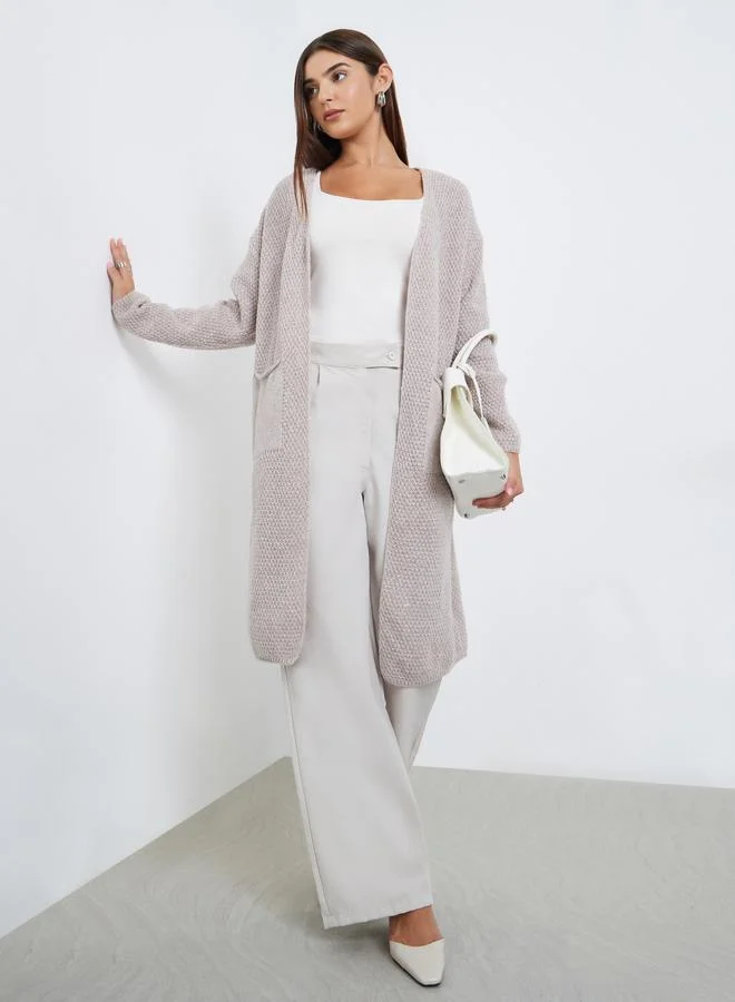 Take Two Beige Chunky Knit Front Open Midi Cardigan