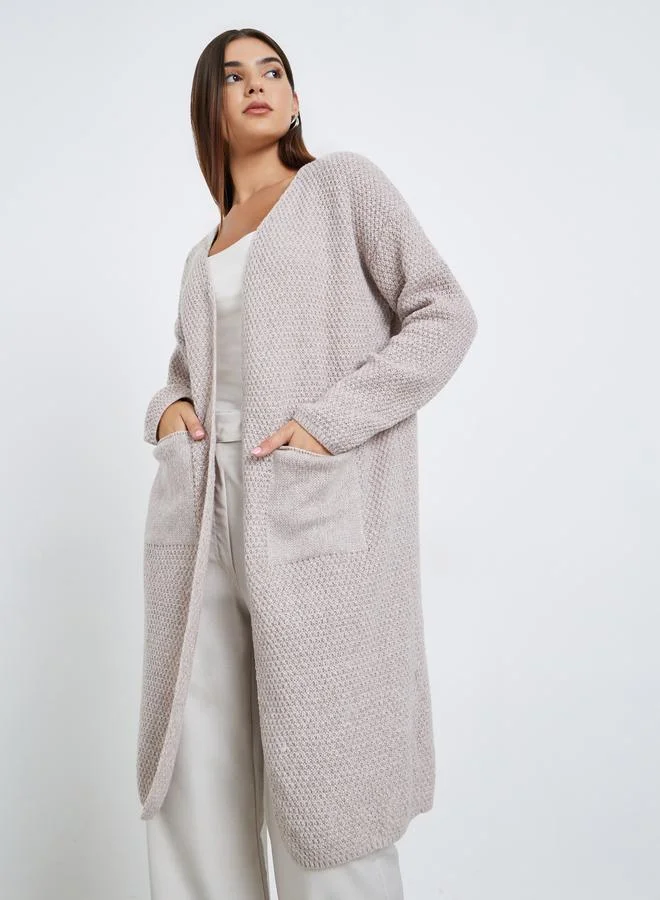 Take Two Beige Chunky Knit Front Open Midi Cardigan