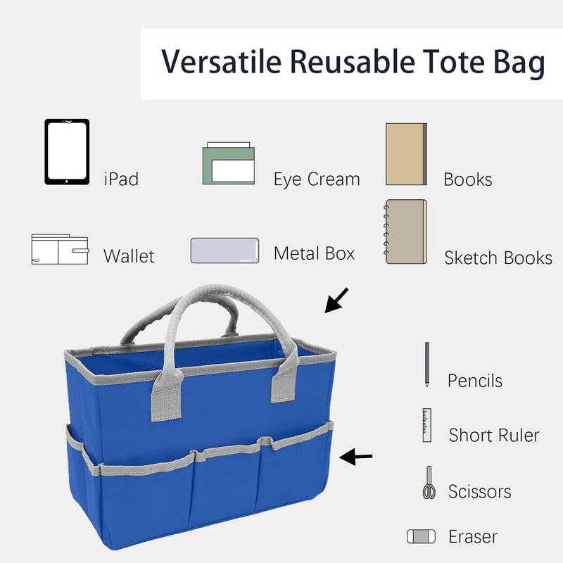 Cupohus Art Organizer Craft Storage Tote Bag with Pockets and Hadles, Oxford Fabric Carrying Caddy for Teacher, Officer, Artist, Students, Traveler, and more – Blue with Grey Edge - Image 2