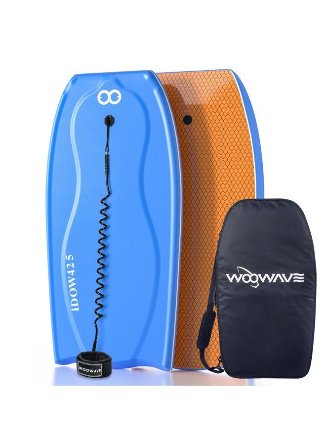 WOOWAVE Bodyboard 42.5 inch Includes Premium Body Board Bag and Coiled Wrist Leash, Pro Performance Body Board for Kids Adults - PE Core, IXPE Foam Deck, HDPE Slick Bottom, FRP Stringers (Blue) - Image 1