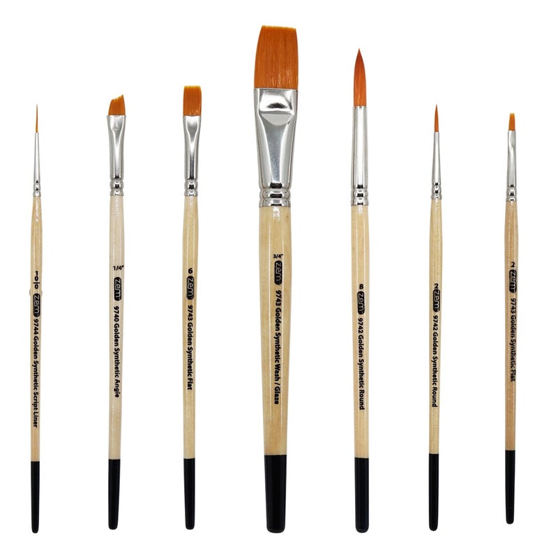 ZEM Brush Golden Synthetic Brush Set 7 Pcs Brushes Wash 34 Flats 2  6 Angle 14 Rounds 2  8 Liner 100