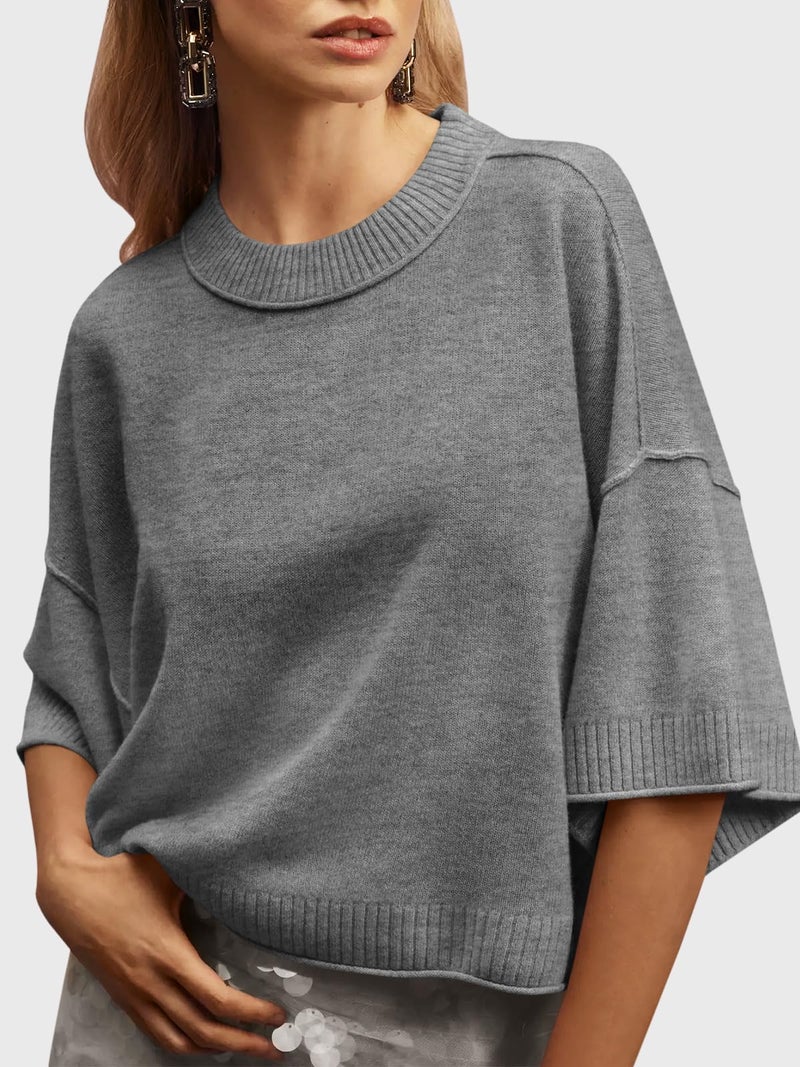 Saodimallsu Womens Short Sleeve Sweater Summer Oversized Cropped Sweaters Casual Crewneck Lightweight Knit Tops Dark Gray - Image 2