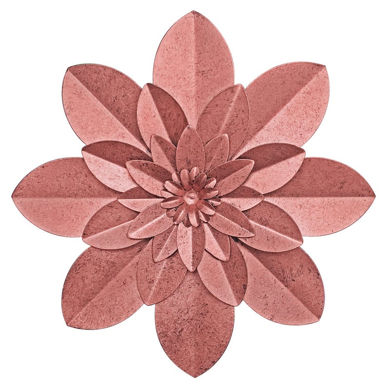 Picfarce Rose Gold Metal Flower Wall Art Decor, 9.5â€œ Rustic Modern Floral Sculpture, Distressed Iron Wall Hanging Home Decoration Accent Artworks for Indoor Kitchen Bedroom Living Room Office Outdoor Garden - Image 1