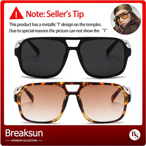 Breaksun Retro Aviator Sunglasses for Women Men Trendy Classic 70s Square Aviator Sun Glasses Vintage Shades (Black Grey+ Tortoise/Brown Gradient) - Image 4