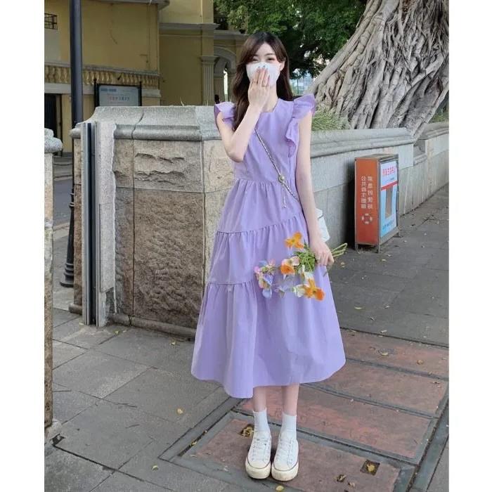 Summer small flying sleeve loose princess dress new sweet temperament meat covering dress French high-grade long dress Purple  - Image 2
