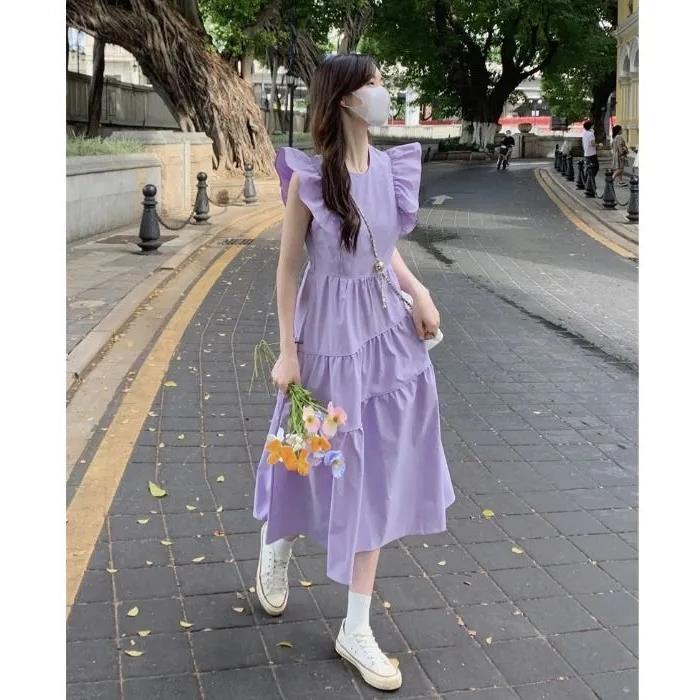 Summer small flying sleeve loose princess dress new sweet temperament meat covering dress French high-grade long dress Purple  - Image 4