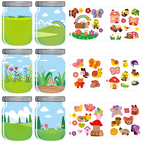 CY2SIDE 12PCS Spring Bugs Stickers Scene for Kids Make A Bug Jar Sticker Scene with Butterfly Bee Ladybug Flower Make Your Own Insect Stickers with Jar Scene DIY Spring Party Games Class Activities - Image 1