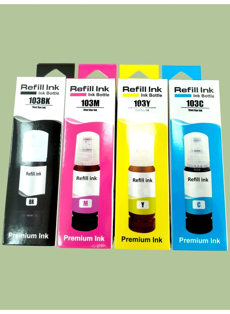 دعني حبر LET MY Ink 103 متوافق مع خراطيش إبسون Eco Tank L3110 L3111 L3150 L3156 L3160 L3210 L3211 L3250 L3251 L3252 L3256 L3260 L3266 L3550 L3560 L5190 L5290 L5296 L5590 L11050 (مجموعة من 4 ألوان) - Image 1